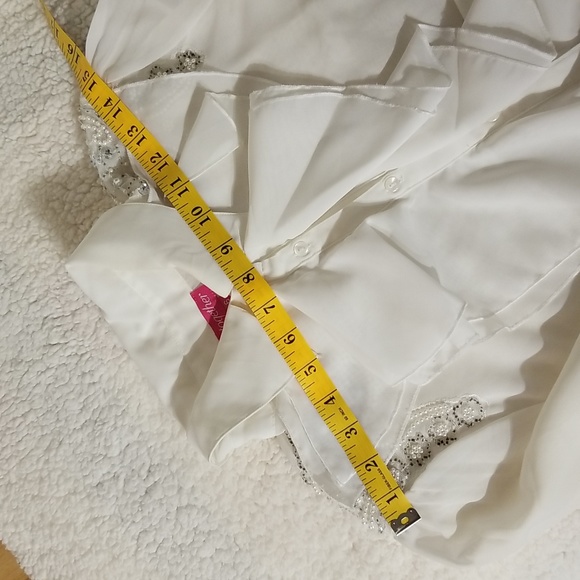 Vintage Victorian Bib Ruffle Beaded Poet Blouse Top Shirt / Sz 6 / Off-white - Picture 13 of 15